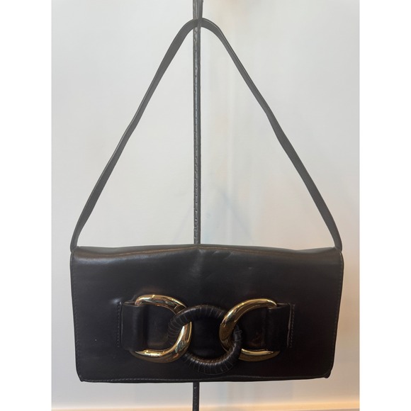 Michael Kors Handbags - Michael Kors Black Leather Shoulder Bag Gold Interlocking Ring Detail Clutch